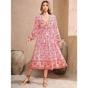 R Vivimos Floral Print Retro Midi Dress Size 2XL V Neck Tassel Boho Resort Beach